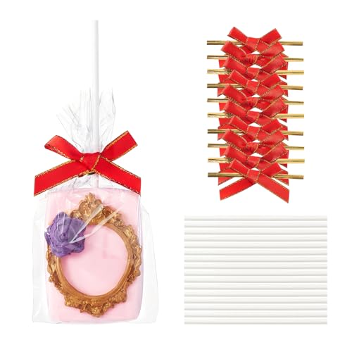 JCXGRVC 50pcs 4x6Inches Clear Rice Krispie Treat Bags with Sticks and Ties Bows Rice Kit Cakesicle Bags Individually Wrapped Packaging for Marshmallow Mcaron Pop Candy Apple Cookies Cake Ore Pop - Image 1