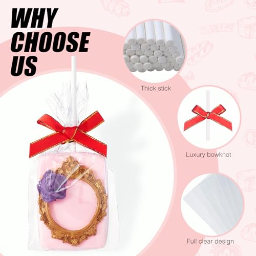 JCXGRVC 50pcs 4x6Inches Clear Rice Krispie Treat Bags with Sticks and Ties Bows Rice Kit Cakesicle Bags Individually Wrapped Packaging for Marshmallow Mcaron Pop Candy Apple Cookies Cake Ore Pop - Image 3