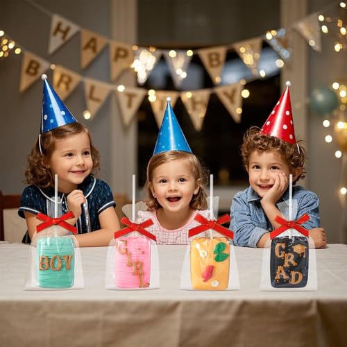 JCXGRVC 50pcs 4x6Inches Clear Rice Krispie Treat Bags with Sticks and Ties Bows Rice Kit Cakesicle Bags Individually Wrapped Packaging for Marshmallow Mcaron Pop Candy Apple Cookies Cake Ore Pop - Image 4