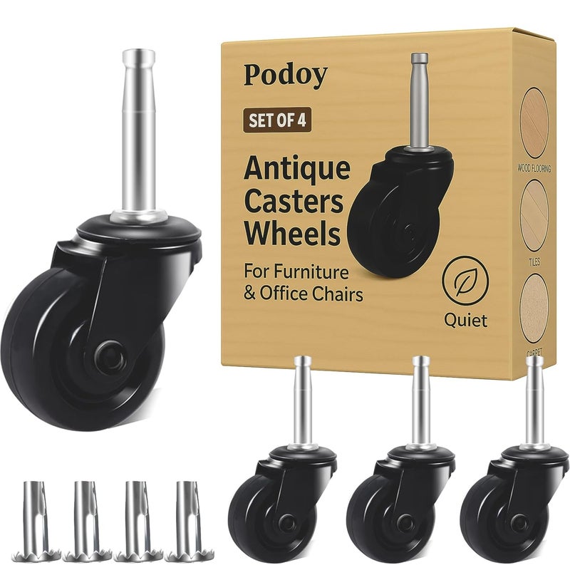 Podoy Antique Brass Casters 1-5/8" with Stem Socket (Set of 4) Rubber Wheels - Universal Fit Replacement Casters for Chairs, Sofas, and Hardwood Floors Vintage Style (1.4" Stem and 0.75" Dia Sockets) - Image 1