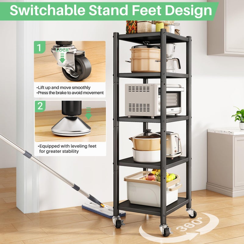 PXRACK 5-Tier Kitchen Storage Shelves, Adjustable Metal Shelves for Storage Pantry Shelves with Rolling Wheels, Storage Rack Shelving Unit Organizer for Bedroom Laundry Closet - Image 5