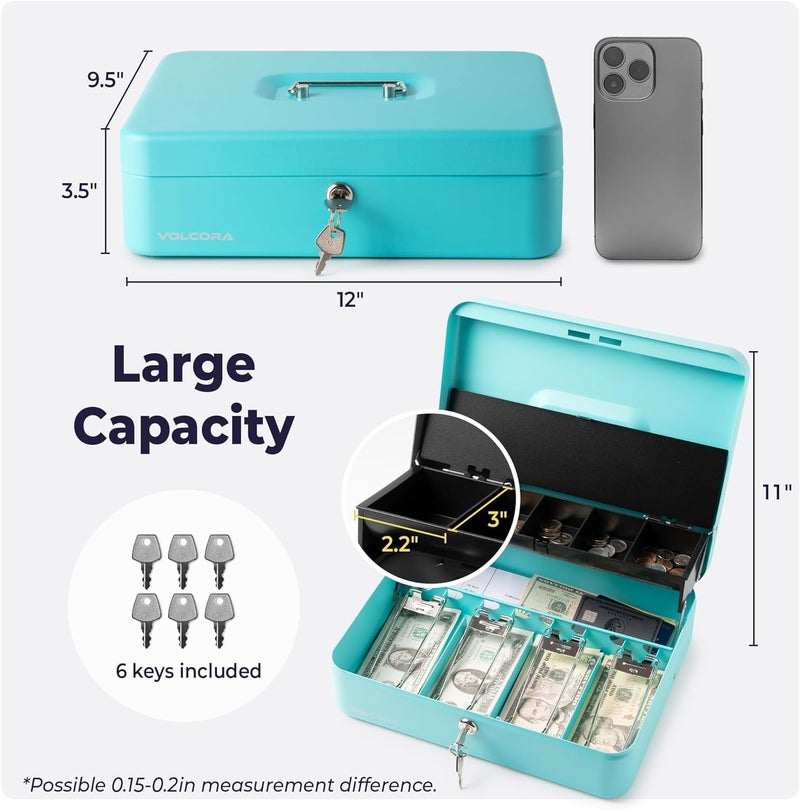 Volcora Large Cash Box with Key Lock, Metal Money Box for Cash, Portable Locking Safe Box with Money Tray, Durable Money Saving Organizer for Yard Sale, Garage Sale, Small Business, Cyan - Image 3