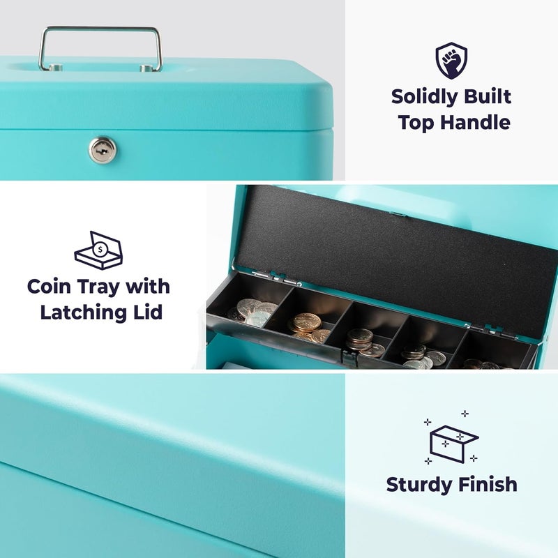 Volcora Large Cash Box with Key Lock, Metal Money Box for Cash, Portable Locking Safe Box with Money Tray, Durable Money Saving Organizer for Yard Sale, Garage Sale, Small Business, Cyan - Image 2