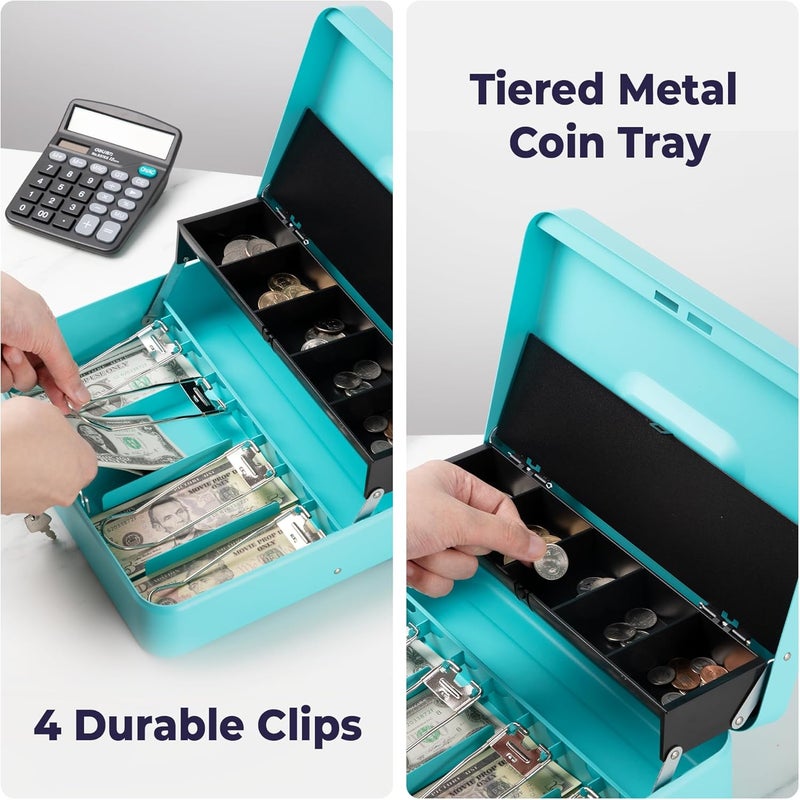 Volcora Large Cash Box with Key Lock, Metal Money Box for Cash, Portable Locking Safe Box with Money Tray, Durable Money Saving Organizer for Yard Sale, Garage Sale, Small Business, Cyan - Image 4