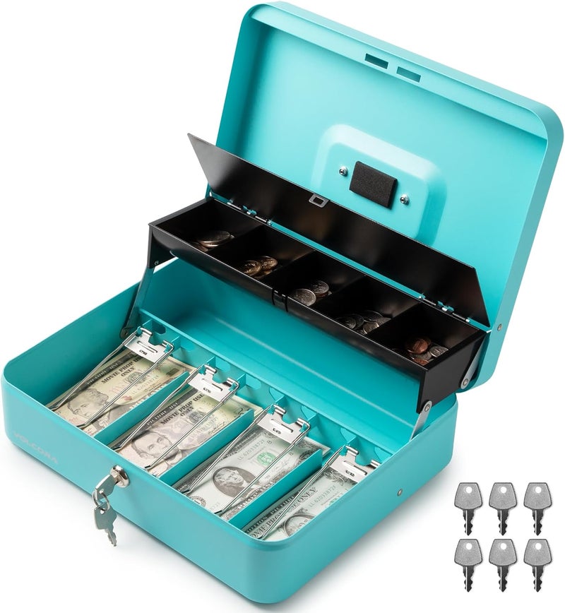Volcora Large Cash Box with Key Lock, Metal Money Box for Cash, Portable Locking Safe Box with Money Tray, Durable Money Saving Organizer for Yard Sale, Garage Sale, Small Business, Cyan - Image 1