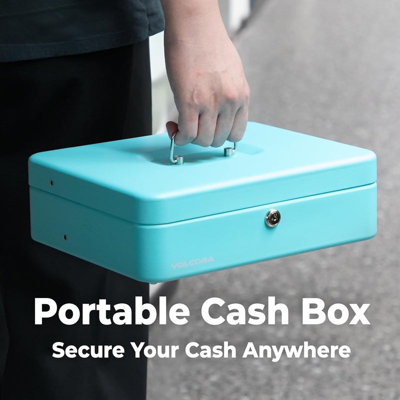 Volcora Large Cash Box with Key Lock, Metal Money Box for Cash, Portable Locking Safe Box with Money Tray, Durable Money Saving Organizer for Yard Sale, Garage Sale, Small Business, Cyan - Image 5