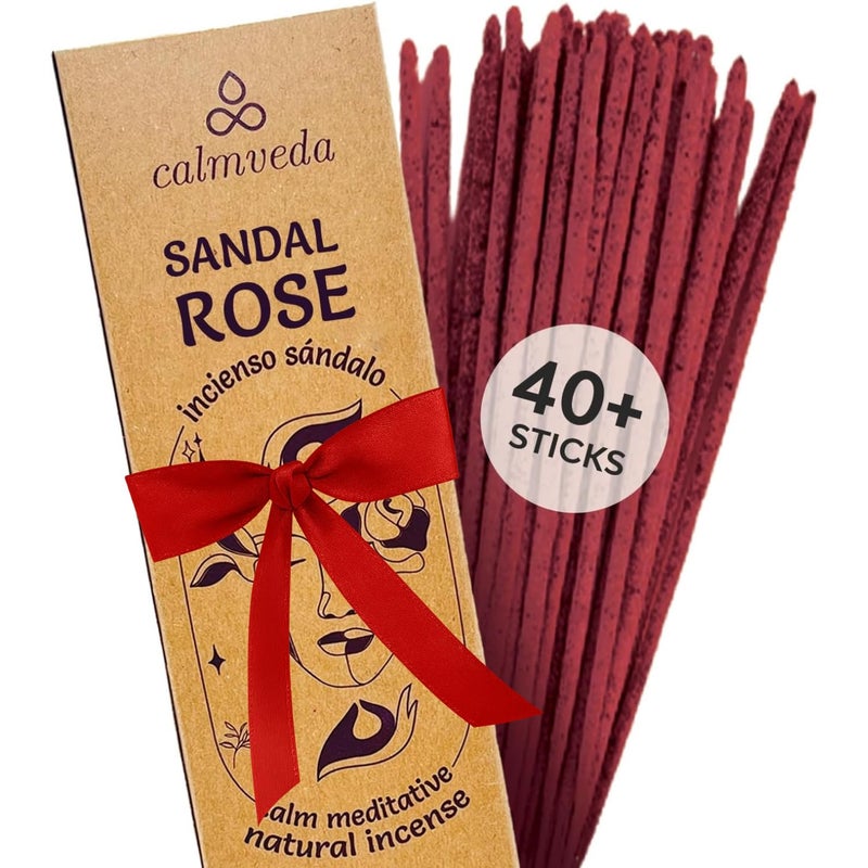 Calmveda Sandal Rose Incense Sticks Natural - for Meditation Incense (40+ Sticks) Clean Charcoal Free Made from Upcycled Flowers | Sweet Woody Sandalwood for Calm Feel (Incienso De Rosas) - Image 1