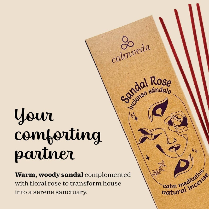 Calmveda Sandal Rose Incense Sticks Natural - for Meditation Incense (40+ Sticks) Clean Charcoal Free Made from Upcycled Flowers | Sweet Woody Sandalwood for Calm Feel (Incienso De Rosas) - Image 3