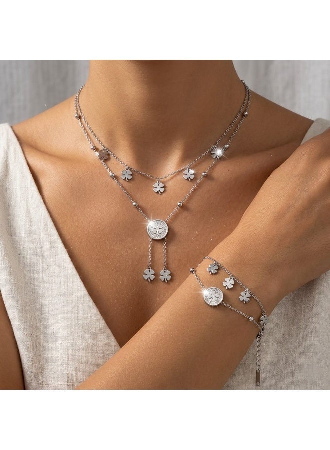 Women's Double Layer Stainless Steel Jewelry Set - Multi-Shape Necklace and Bracelet (Silver 2) - Image 3
