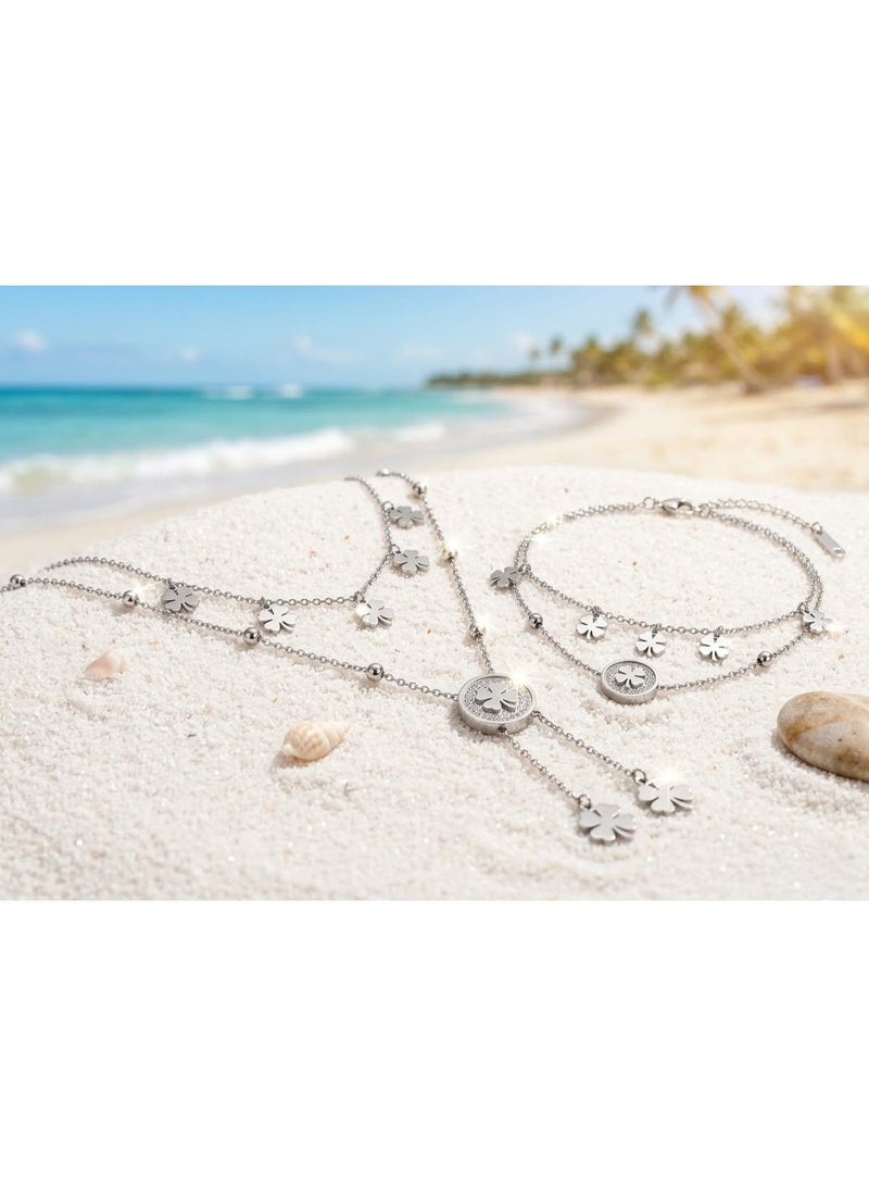 Women's Double Layer Stainless Steel Jewelry Set - Multi-Shape Necklace and Bracelet (Silver 2) - Image 1