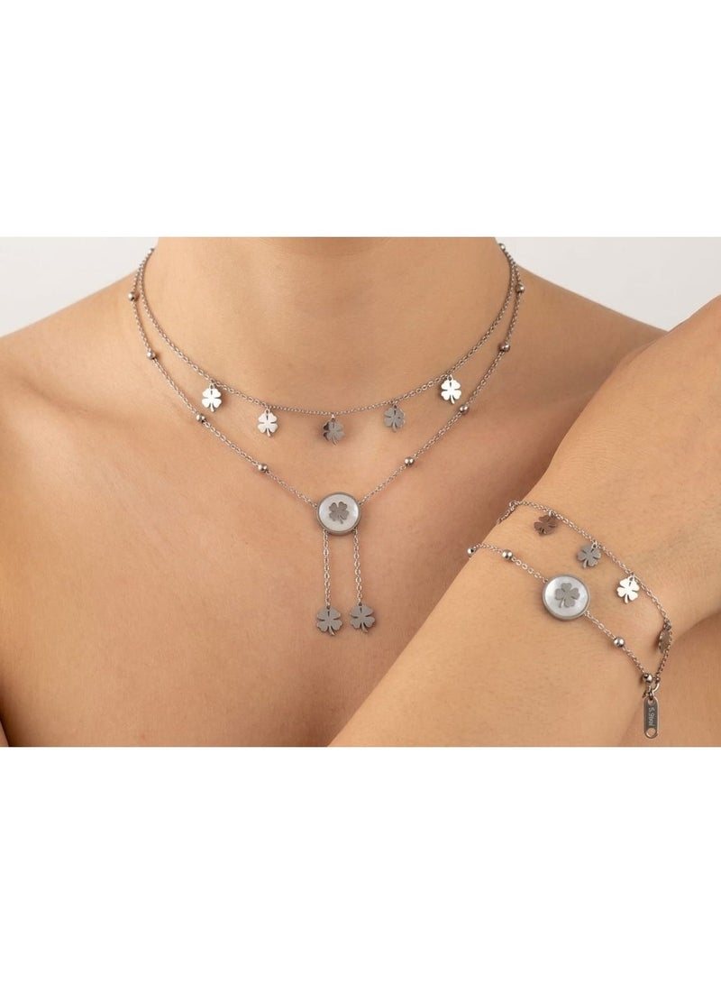 Women's Double Layer Stainless Steel Jewelry Set - Multi-Shape Necklace and Bracelet (Silver 2) - Image 2