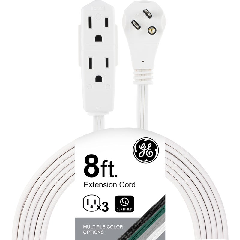 GE 3-Outlet Flat Extension Cord 8 Ft Grounded Extension Cord with Multiple Outlets 3 Prong Outlet Extender Flat Plug Indoor Power Strip 16 Gauge UL Listed White 50251 - Image 1