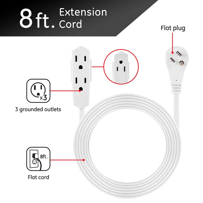 GE 3-Outlet Flat Extension Cord 8 Ft Grounded Extension Cord with Multiple Outlets 3 Prong Outlet Extender Flat Plug Indoor Power Strip 16 Gauge UL Listed White 50251 - Image 2