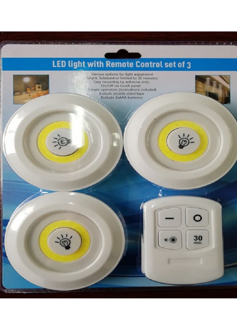 3 Light and 1 Remote Control Super Bright Night Light,  3W Small Round Pir Motion Activated Wireless Dimmable LED, For Kitchen Cabinet Courtyard Restaurant Bathroom - Image 2