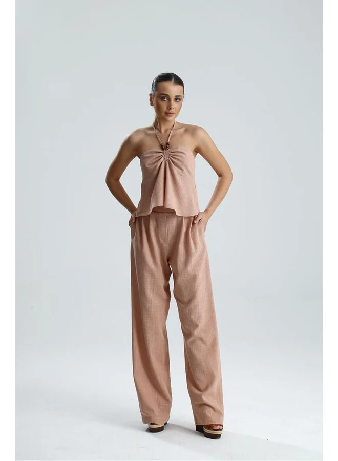 غاجاكوليكشن RAİNA مجموعة كتان مزدوجة بربط على الرقبة الأمامية وتفاصيل خرز