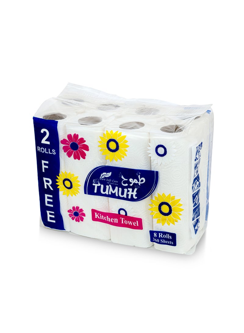 Tumuh Kitchen Tissue Roll super Towel , 6+2 Rolls 360 Sheets White - Image 1
