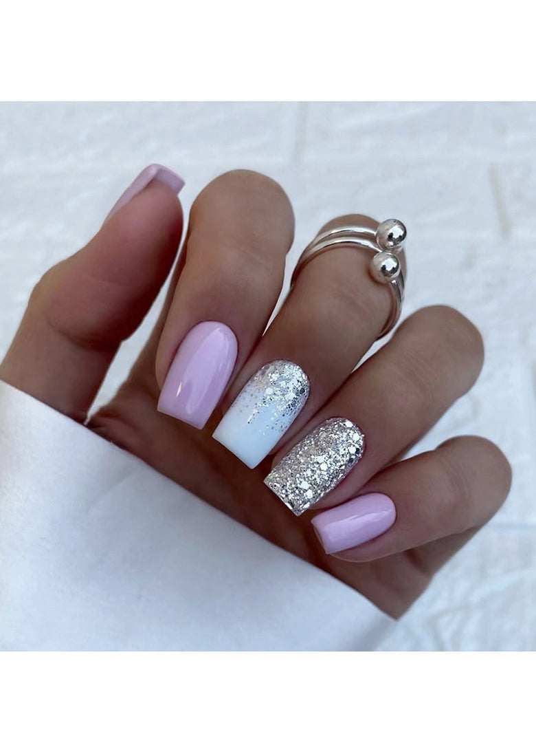 24 Pcs Square Press on Nails, Pink & White Ombre with Silver Glitter Nails, Glossy Stick-on Nails with Gel Glue, Nail File, Cleaning Pad, Wooden Stick, Easy to Apply & Long-Lasting - Image 1