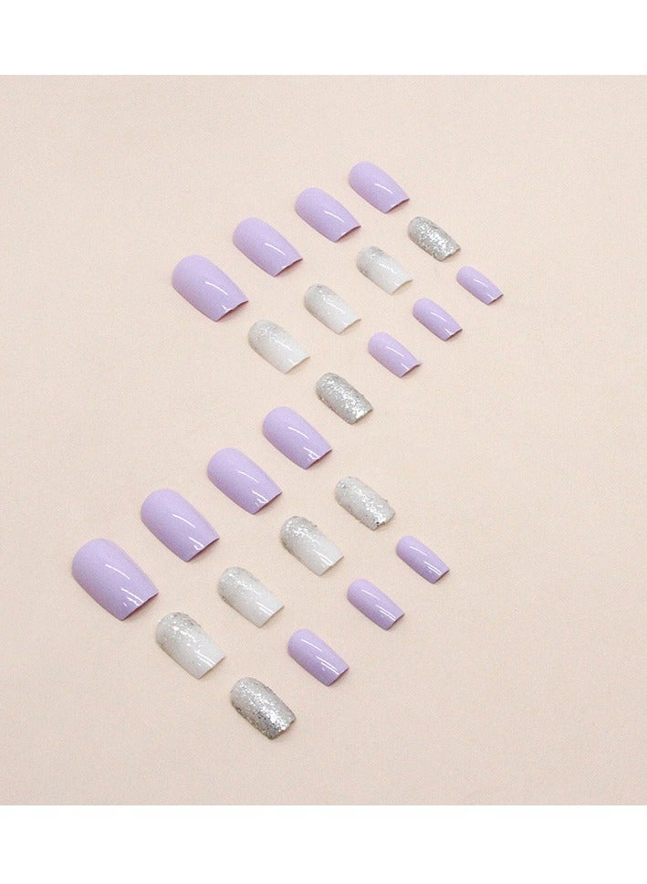 24 Pcs Square Press on Nails, Pink & White Ombre with Silver Glitter Nails, Glossy Stick-on Nails with Gel Glue, Nail File, Cleaning Pad, Wooden Stick, Easy to Apply & Long-Lasting - Image 2