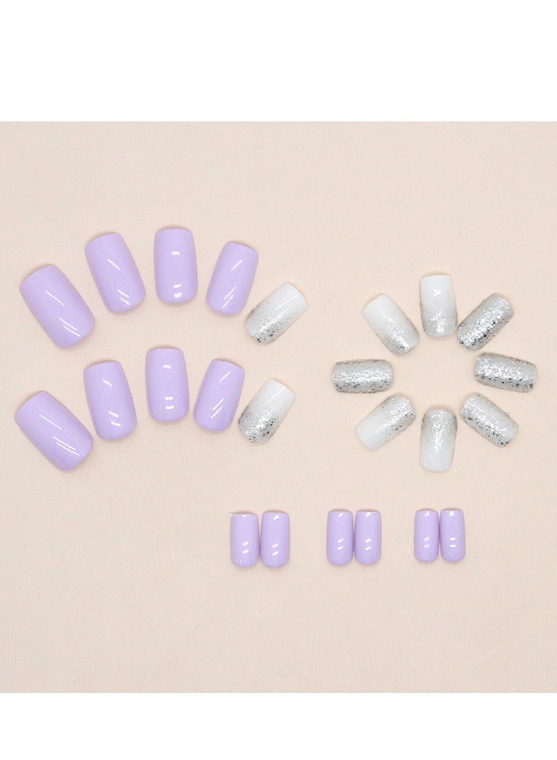 24 Pcs Square Press on Nails, Pink & White Ombre with Silver Glitter Nails, Glossy Stick-on Nails with Gel Glue, Nail File, Cleaning Pad, Wooden Stick, Easy to Apply & Long-Lasting - Image 3