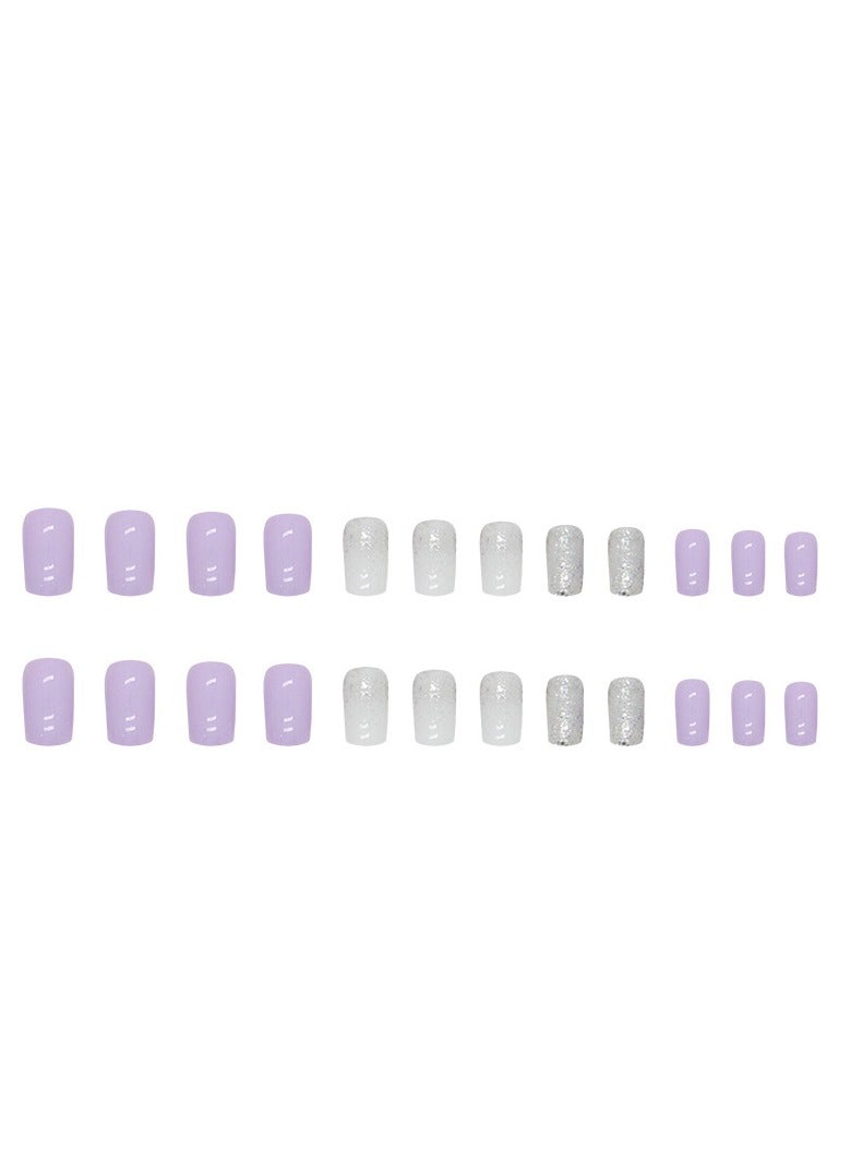24 Pcs Square Press on Nails, Pink & White Ombre with Silver Glitter Nails, Glossy Stick-on Nails with Gel Glue, Nail File, Cleaning Pad, Wooden Stick, Easy to Apply & Long-Lasting - Image 4
