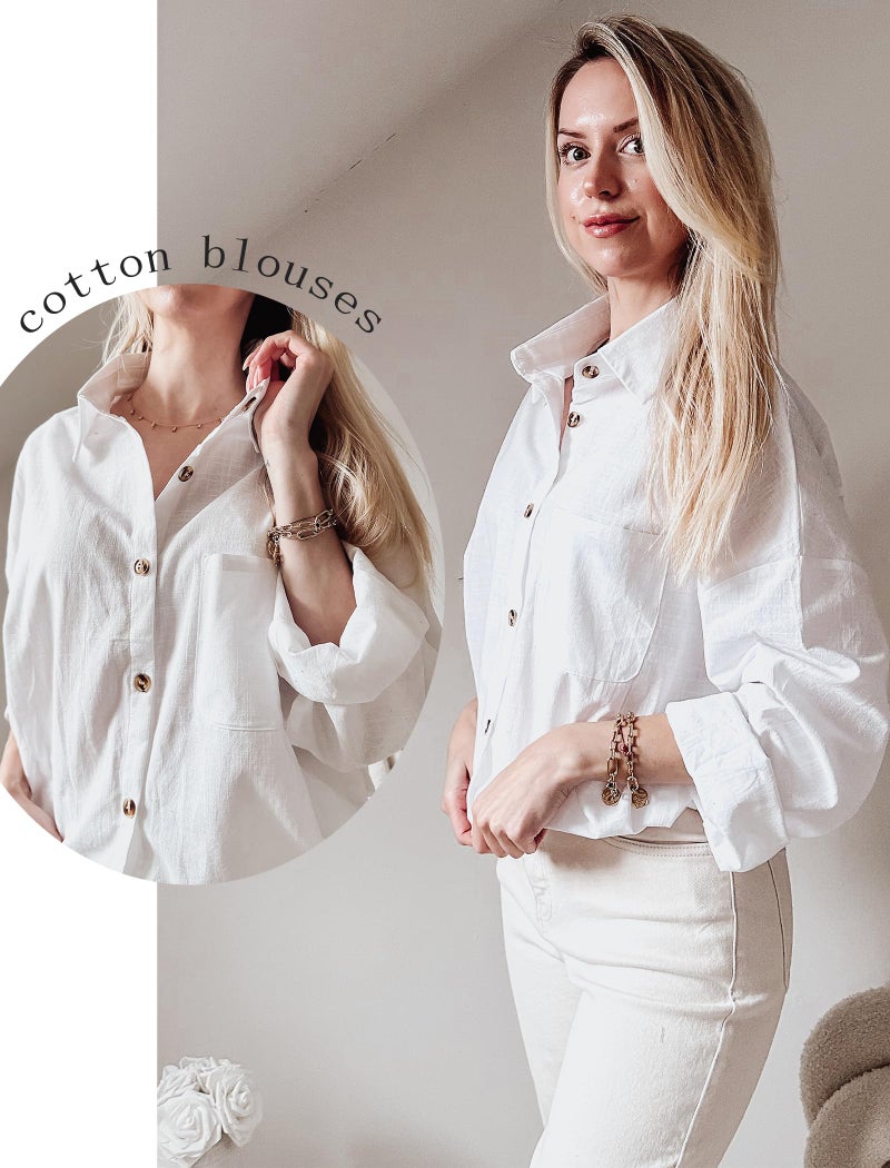 HOTOUCH Womens White Button Down Shirt Cotton Linen Collared Blouse Long Sleeve Dressy Casual Work Tops with Pocket L - Image 2