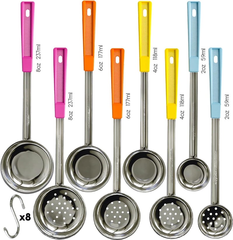 JoyServe Portion Control Serving Spoons - (8 Piece Set) Restaurant Measuring Serving Ladle Utensils for Weight Loss, Bariatric Gastric Sleeve, Includes 2, 4, 6, 8 oz Solid & Perforated Scoops, 14-1/4" Long - Image 1