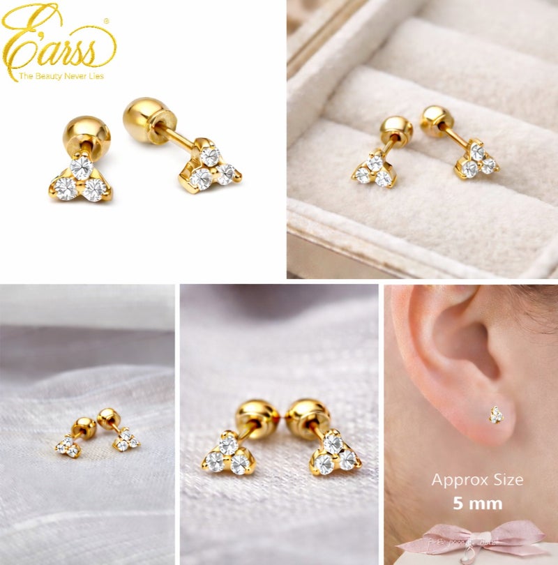 Earss 5mm Tri Zircon Stud Earrings for Women & Girls – Gold Plated Stainless Steel Small Cluster Diamond-Like Earrings with Ball Push Back – Minimalist Everyday Jewelry - Image 4