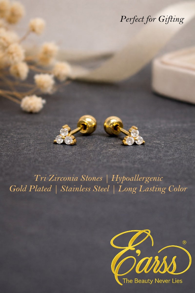 Earss 5mm Tri Zircon Stud Earrings for Women & Girls – Gold Plated Stainless Steel Small Cluster Diamond-Like Earrings with Ball Push Back – Minimalist Everyday Jewelry - Image 3