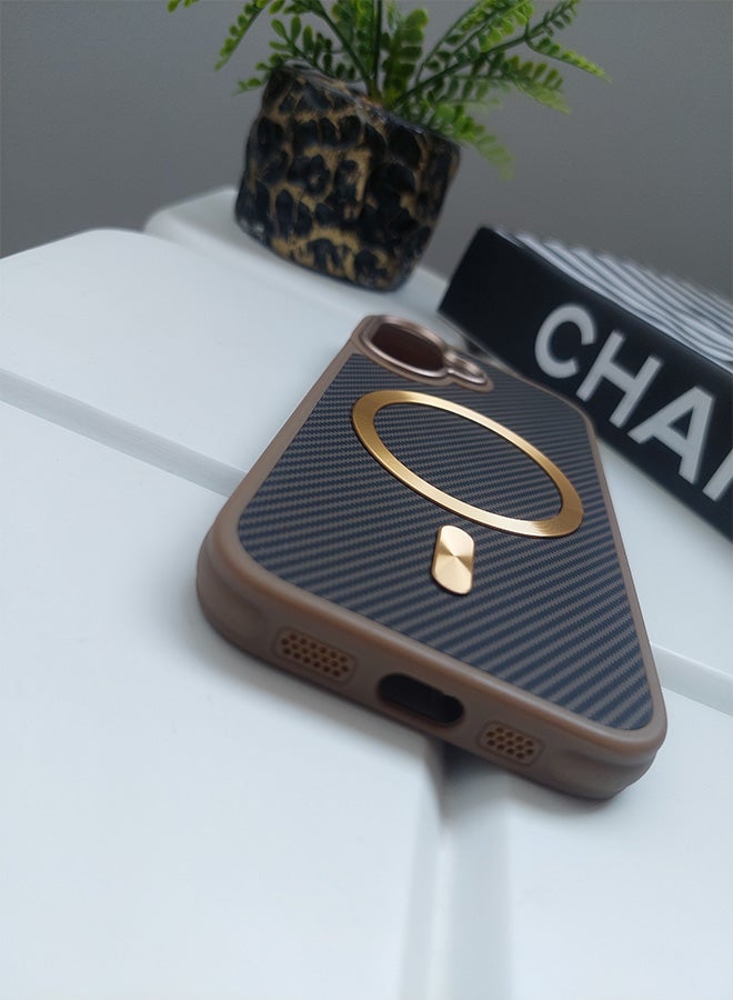 Magnetic Carbon Fiber Back Case for iPhone 16, Rugged Shockproof MagSafe Phone Case, Ultra Slim Case with Padded Interior to Prevent Your Phone's Back from Scratches, Supports Wireless Charging, Heavy Duty Protection and Anti-Scratch, for iPhone 16 - Brown/Gold  - Image 4