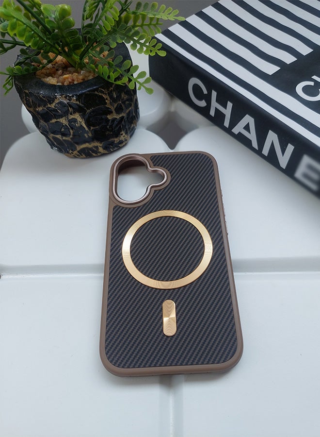 Magnetic Carbon Fiber Back Case for iPhone 16, Rugged Shockproof MagSafe Phone Case, Ultra Slim Case with Padded Interior to Prevent Your Phone's Back from Scratches, Supports Wireless Charging, Heavy Duty Protection and Anti-Scratch, for iPhone 16 - Brown/Gold  - Image 3