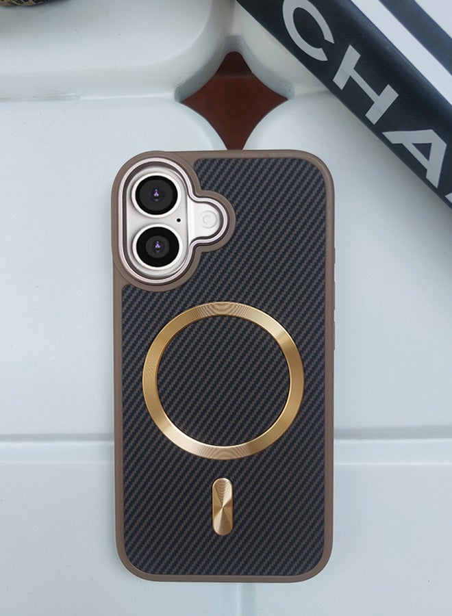 Magnetic Carbon Fiber Back Case for iPhone 16, Rugged Shockproof MagSafe Phone Case, Ultra Slim Case with Padded Interior to Prevent Your Phone's Back from Scratches, Supports Wireless Charging, Heavy Duty Protection and Anti-Scratch, for iPhone 16 - Brown/Gold  - Image 2