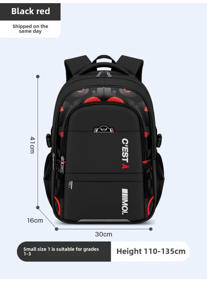 Leather Backpack For Primary School Students Embroidered School Logo Name Tag-Color:Small Size Black And Red (suitable For Grade 1-3)-Size:Schoolbag + Stationery Box - Image 1