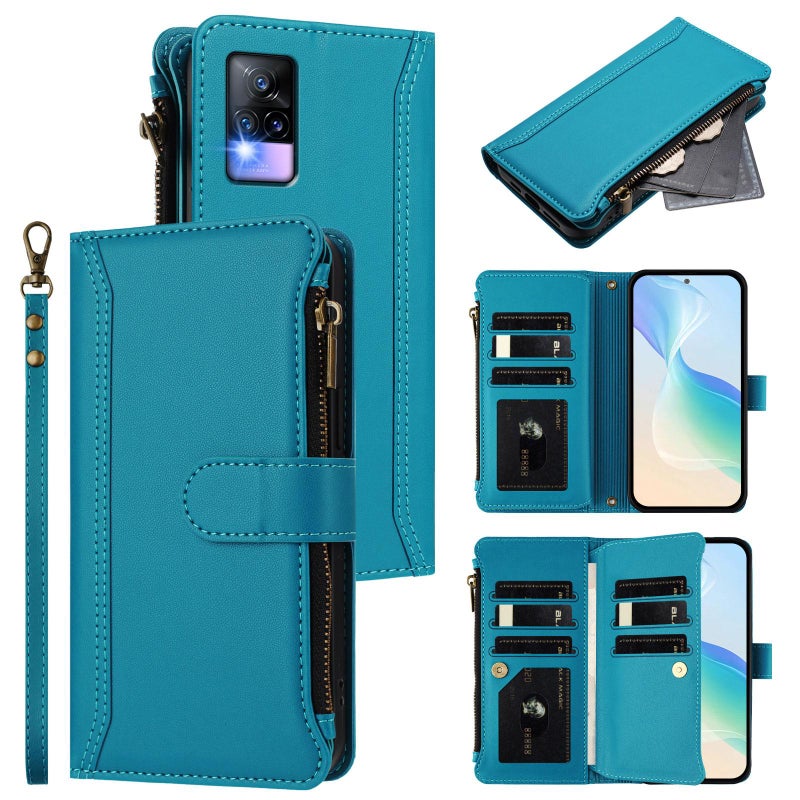 HuHa Case Cover For vivo V20 / V21E 4G / Y73 2021 Magnetic Closure 9 Card Slots Zipper Leather Case with Hand Strap(Turquoise) - Image 1
