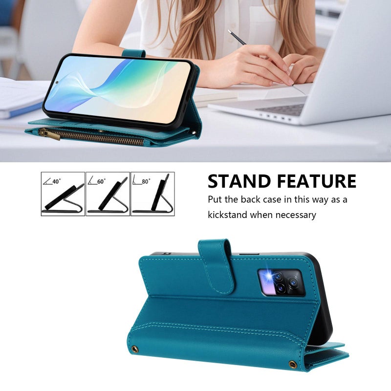 HuHa Case Cover For vivo V20 / V21E 4G / Y73 2021 Magnetic Closure 9 Card Slots Zipper Leather Case with Hand Strap(Turquoise) - Image 4