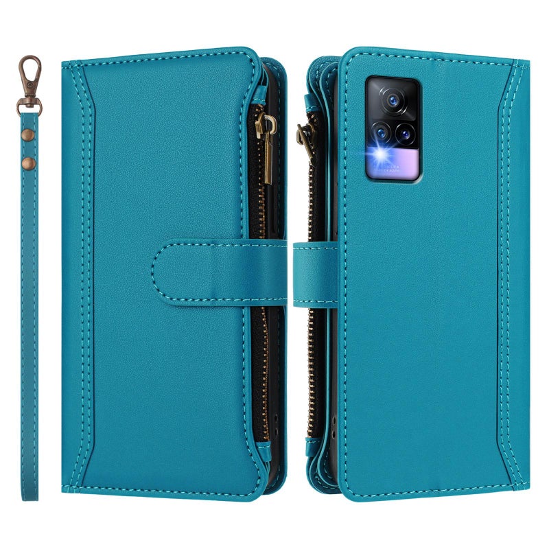 HuHa Case Cover For vivo V20 / V21E 4G / Y73 2021 Magnetic Closure 9 Card Slots Zipper Leather Case with Hand Strap(Turquoise) - Image 2