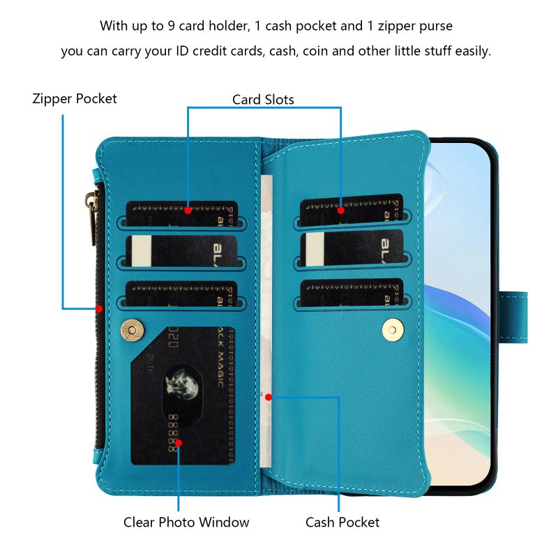 HuHa Case Cover For vivo V20 / V21E 4G / Y73 2021 Magnetic Closure 9 Card Slots Zipper Leather Case with Hand Strap(Turquoise) - Image 3