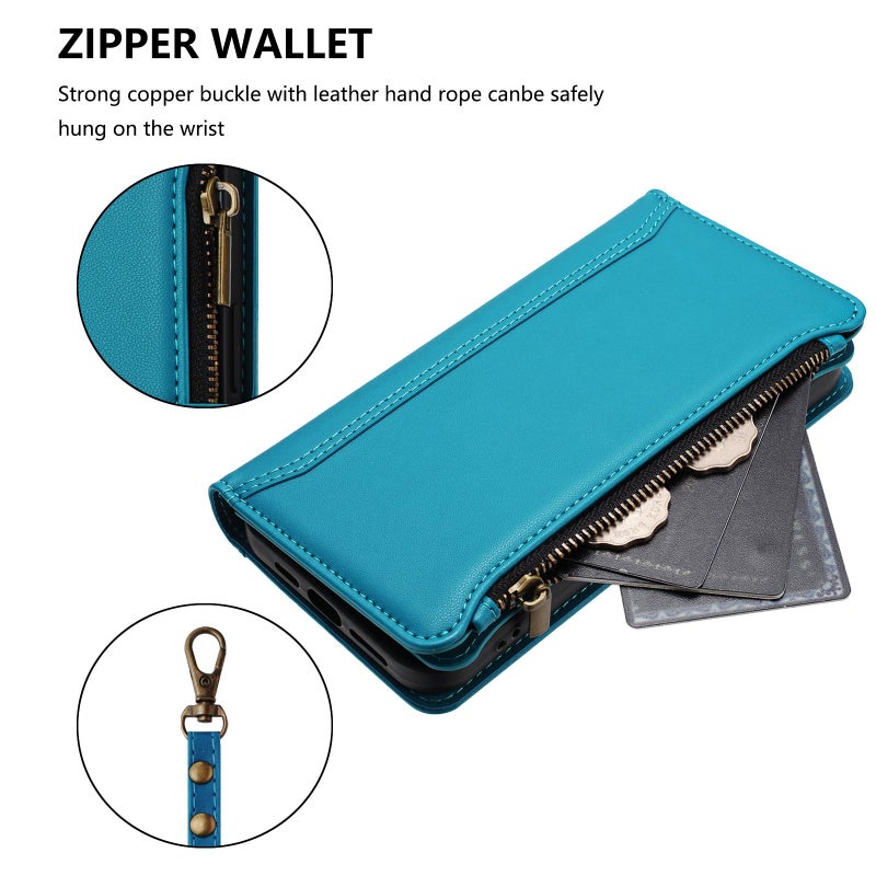 HuHa Case Cover For vivo V20 / V21E 4G / Y73 2021 Magnetic Closure 9 Card Slots Zipper Leather Case with Hand Strap(Turquoise) - Image 5