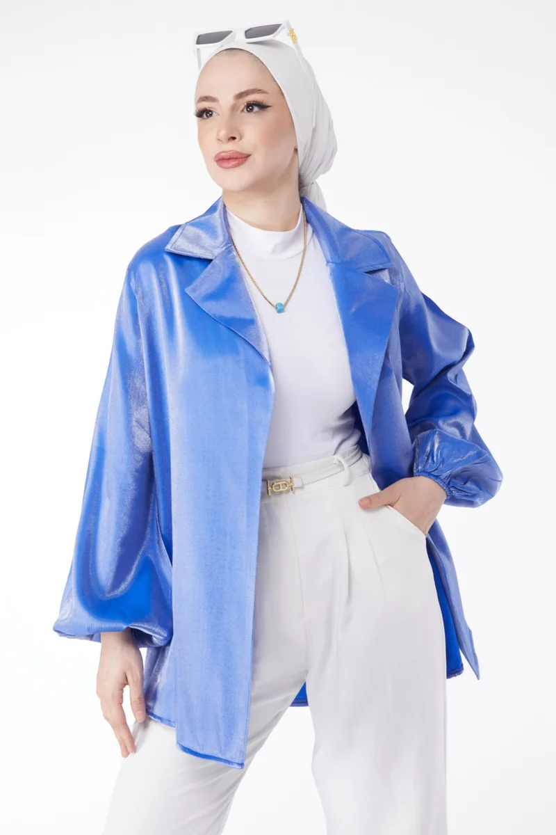Tofisa Plain Jacket Collar Women's Saxe Shiny Detailed Belted Jacket - 24752
