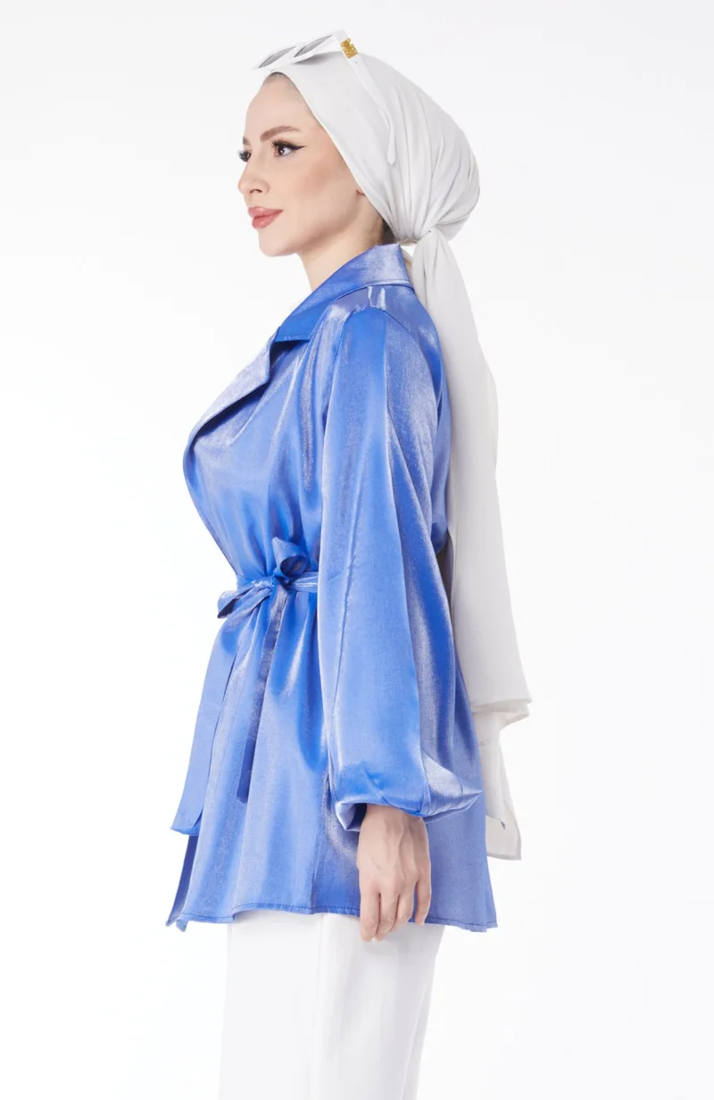Tofisa Plain Jacket Collar Women's Saxe Shiny Detailed Belted Jacket - 24752