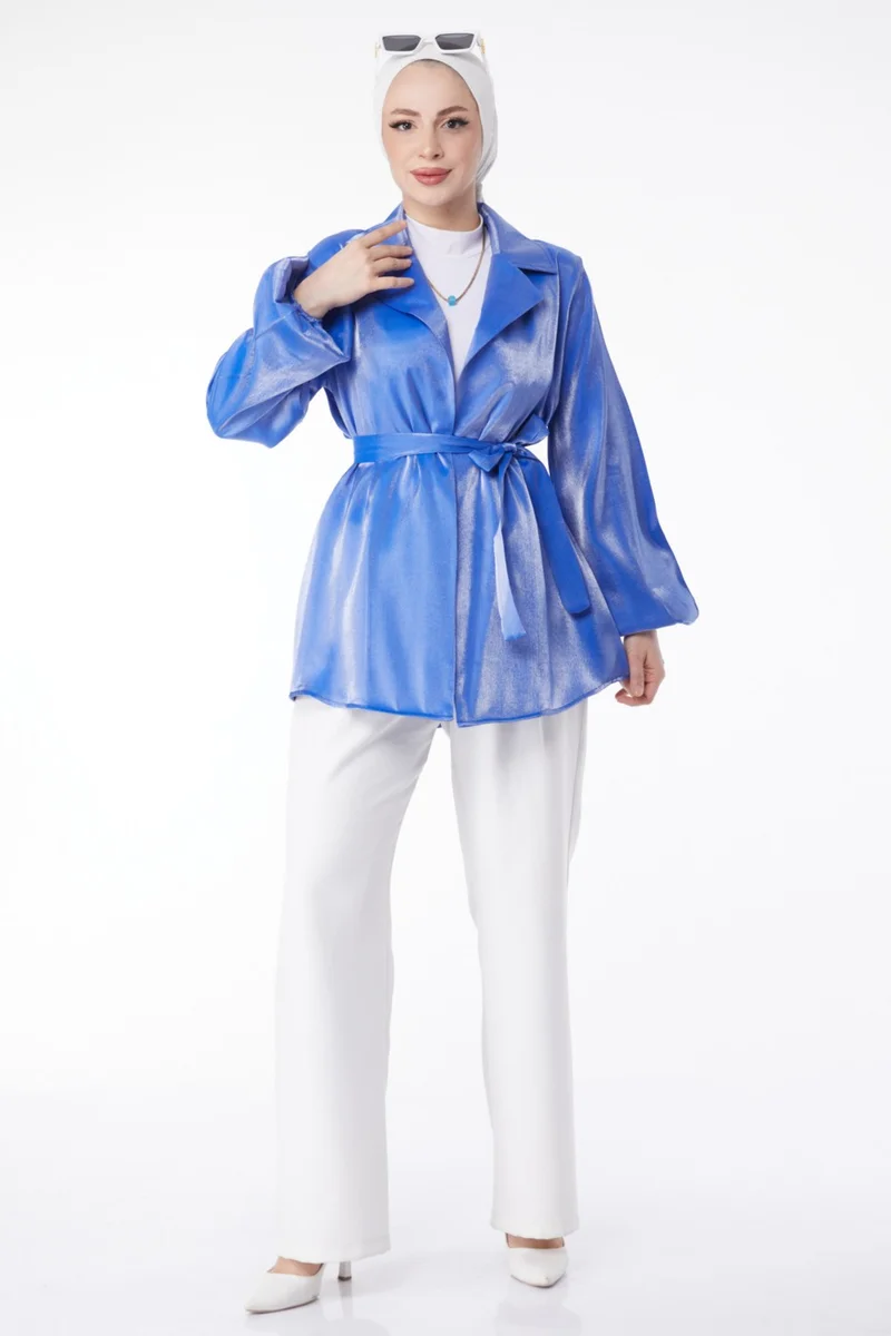 Tofisa Plain Jacket Collar Women's Saxe Shiny Detailed Belted Jacket - 24752