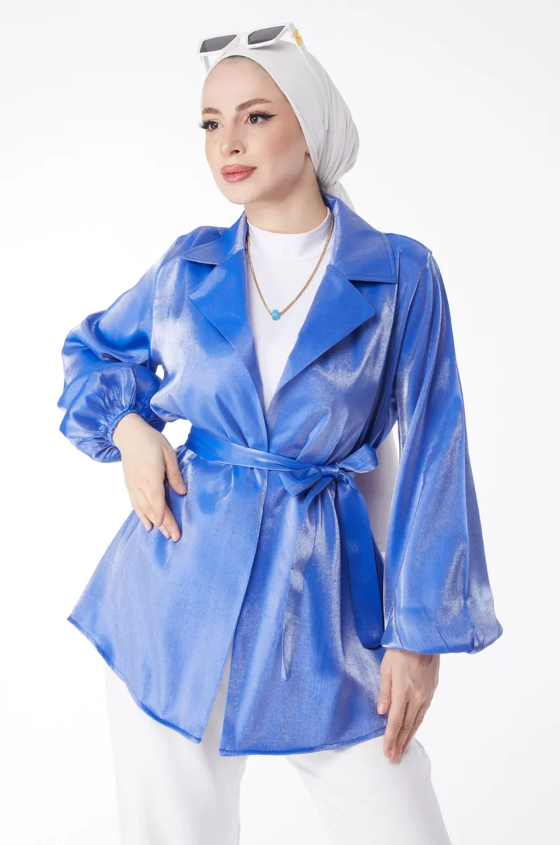 Tofisa Plain Jacket Collar Women's Saxe Shiny Detailed Belted Jacket - 24752