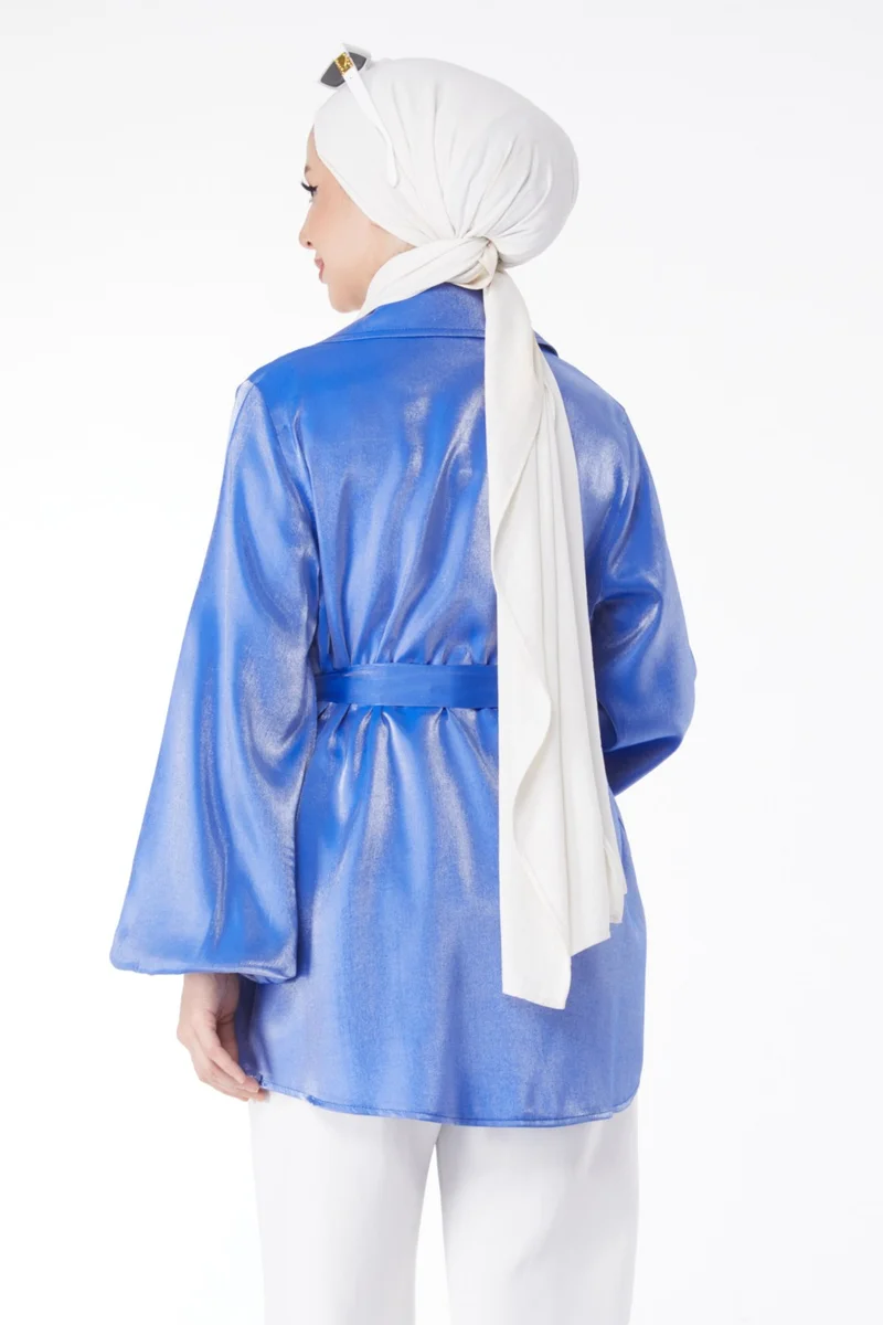 Tofisa Plain Jacket Collar Women's Saxe Shiny Detailed Belted Jacket - 24752
