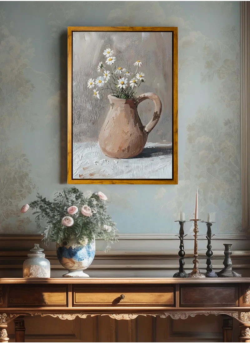 LOWHA Canvas Wall Art Stretched Over Wooden Frame with Wooden Color Floating Frame and Vintage Style Flowers Vase Oil Painting