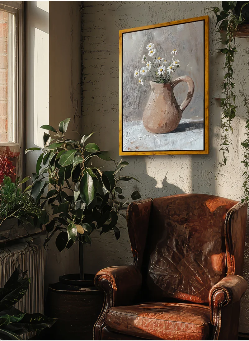 LOWHA Canvas Wall Art Stretched Over Wooden Frame with Wooden Color Floating Frame and Vintage Style Flowers Vase Oil Painting