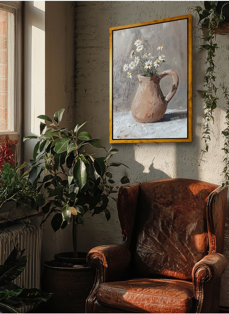LOWHA Canvas Wall Art Stretched Over Wooden Frame with Wooden Color Floating Frame and Vintage Style Flowers Vase Oil Painting  - Image 2