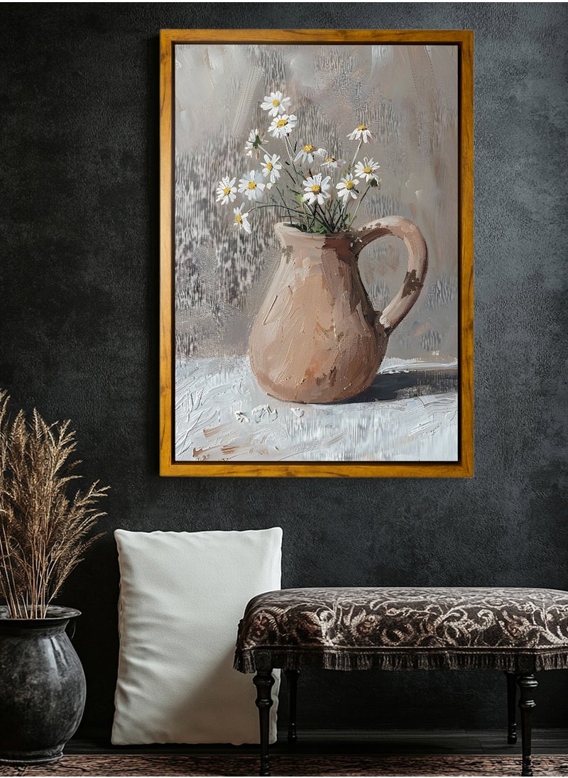 LOWHA Canvas Wall Art Stretched Over Wooden Frame with Wooden Color Floating Frame and Vintage Style Flowers Vase Oil Painting  - Image 3