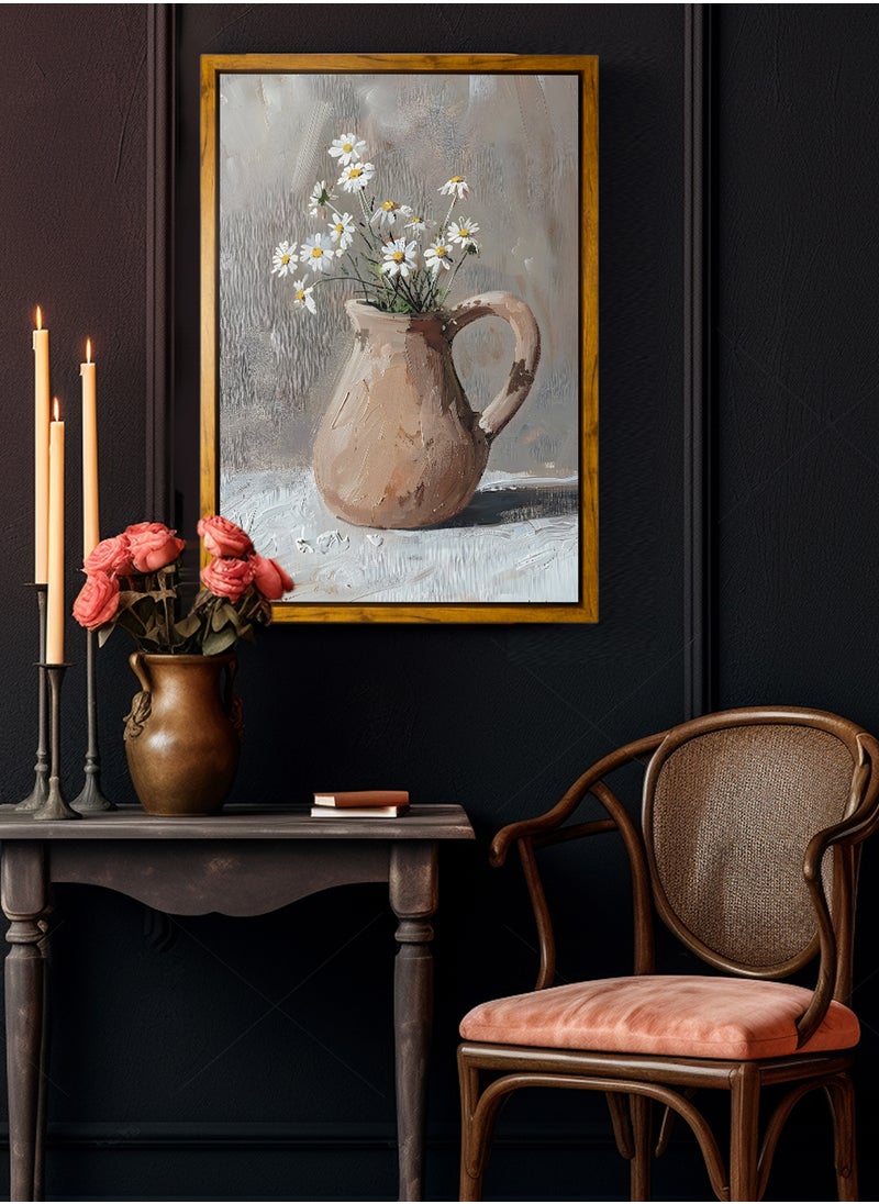 LOWHA Canvas Wall Art Stretched Over Wooden Frame with Wooden Color Floating Frame and Vintage Style Flowers Vase Oil Painting  - Image 4