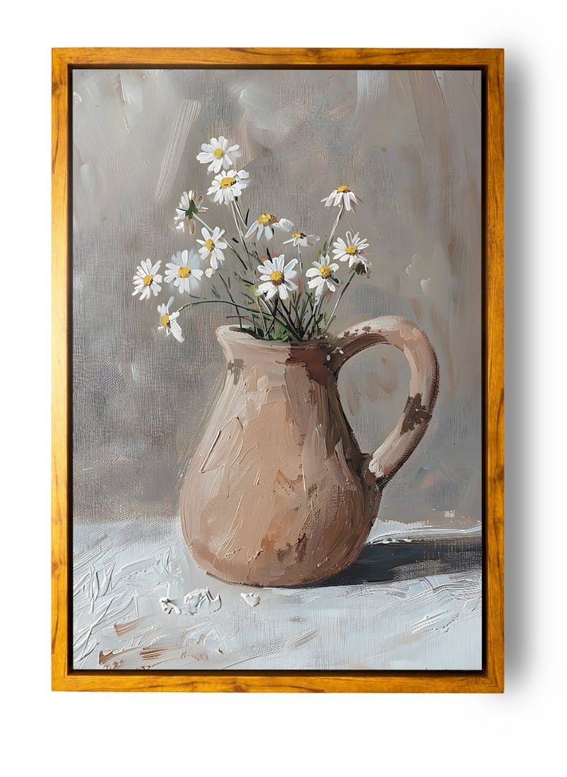 LOWHA Canvas Wall Art Stretched Over Wooden Frame with Wooden Color Floating Frame and Vintage Style Flowers Vase Oil Painting  - Image 5