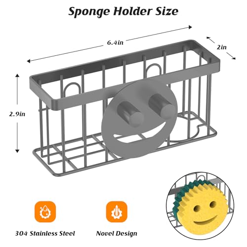 MURLONG Sponge Holder Smiley Face,Sink Caddy for Kitchen Sink,Sponge Holder with 2 PCS Suction Cups/1 PCS Adhesive Strips,Designed for Sponge,Soap,Dish Brush,Scrubber-Charcoal Gray - Image 2