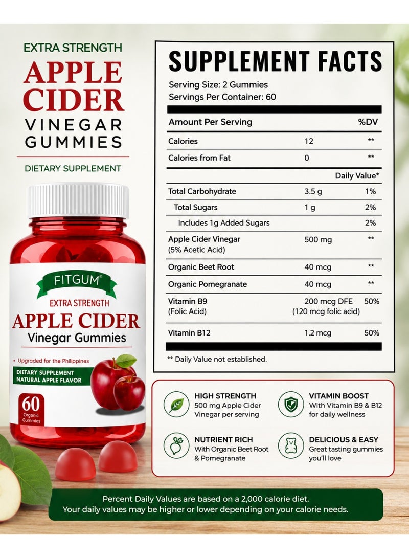 FITGUM Natural Apple Cider Vinegar Gummies 60 Gummies | Vegan ACV Supplement with Beetroot, Pomegranate & Vitamin B Complex - Image 3